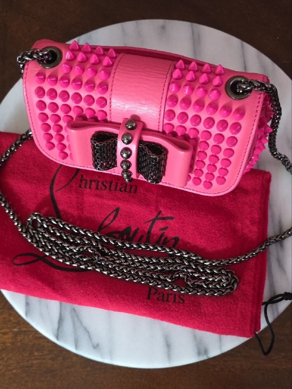 Christian Louboutin "Sweet Charity" Hot Pink Spike-Trim Bow Crossbody Bag 💖 - Picture 5 of 17